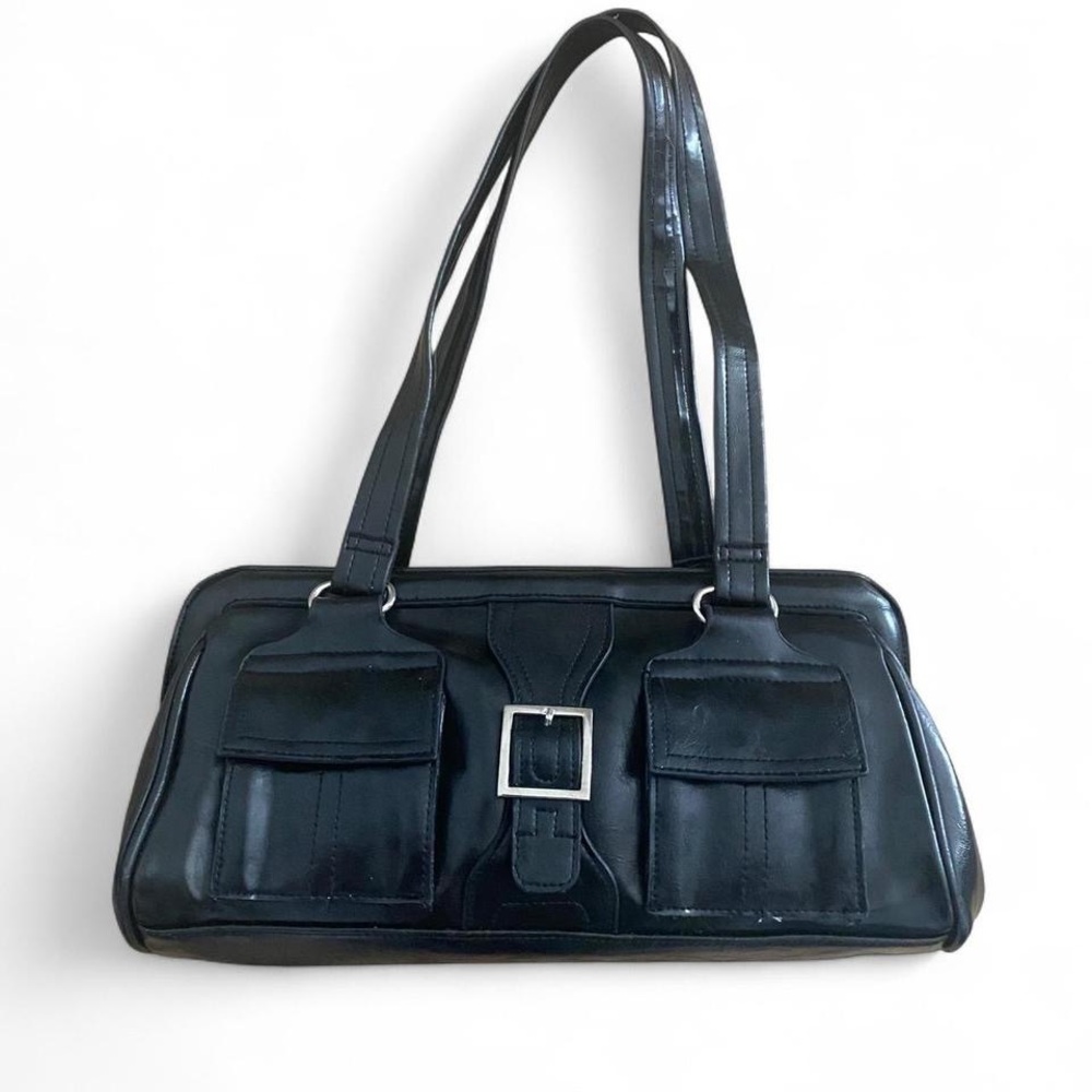 Veneto Black Faux Leather Shoulder Bag with Silver Buckle Detail